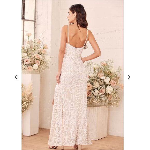 Lulus - Destined for Romance Beige and White Sequin Maxi Dress - Picture 5 of 5